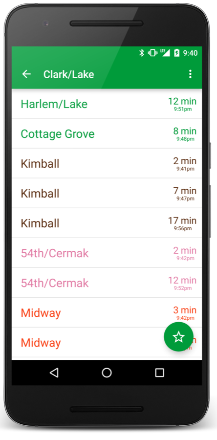 FastTimes on Android, showing upcoming trains at Clark/Lake