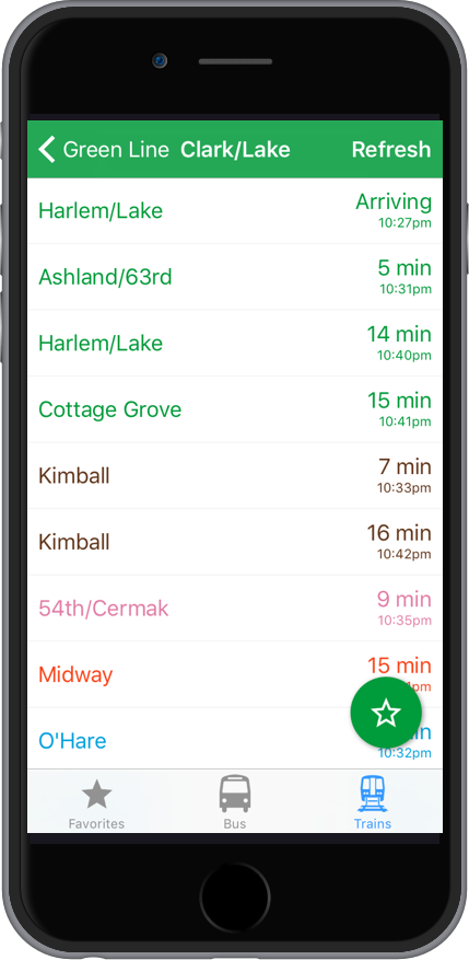 FastTimes on iPhone, showing upcoming trains at Clark/Lake